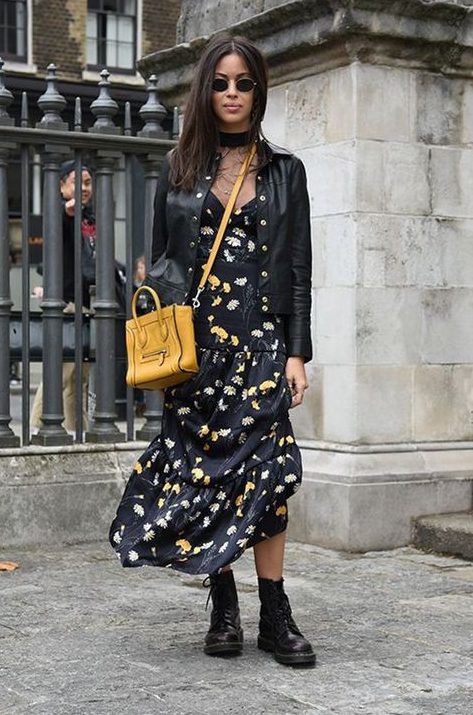 a sheer turtleneck, a black floral midi dress, black combat boots, a leather blazer and a yellow bag for a cool fall outfit