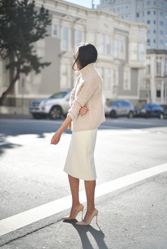 a winter bridal shower outfit with a chunky knit sweater, a midi skirt, nude shoes is simple and cool