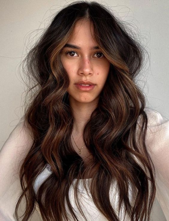 dark brown hair with caramel and copper balayage, with volume and waves, is a messy and catchy idea to rock