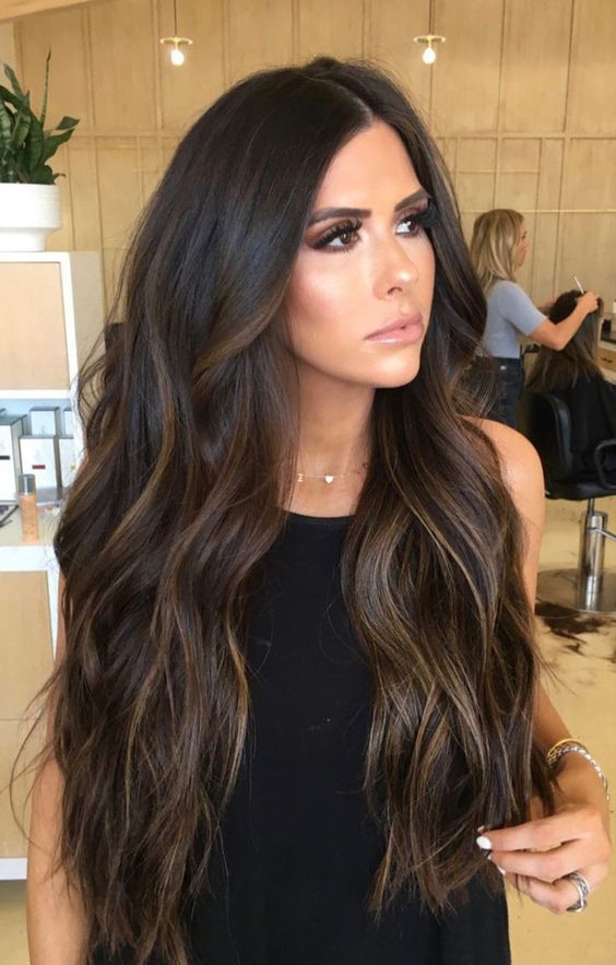 extra long and volumetric dark brown hair with delicate caramel balayage and messy sligth waves is a fantastic idea to rock