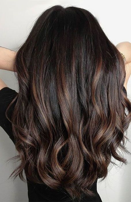 extra long volumetric dark brown hair with chestnut balayage, with waves, looks elegant and chic and catches an eye