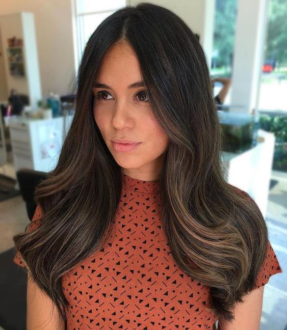Long dark brunette hair with sligth copper contouring to give interest and eye catchiness to the look and make it dimensional
