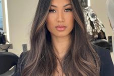 pretty long dark brown hair with caramel balayage, straight but volumetric, is a super cool and catchy idea