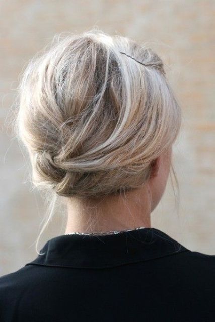 a braided low updo with a bump on top is a cool idea for short hair, you can still make a braid like this one