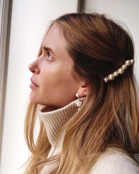 a cool pearl barrette and matching pearl earrings for a trendy look for almost any party