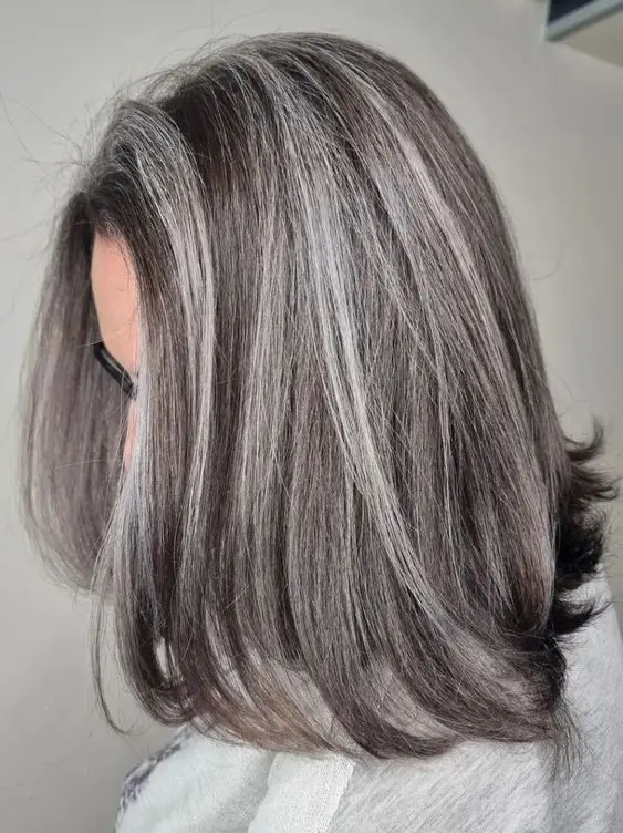 a long brown bob with grey highlights and natural grey hair that look very cool and lovely together