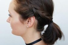 a low ponytail with a braided halo is a cool and stylish idea for a slightly boho look