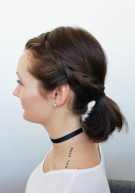 a low ponytail with a braided halo is a cool and stylish idea for a slightly boho look