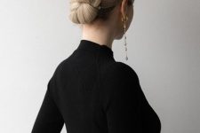 a stylish tight woven low bun with pearl hair pins will be a refined and chic party hairstyle to rock