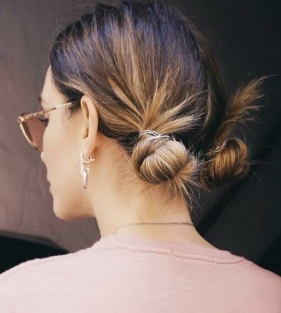cute two low buns are a great way to style short hair and look super cute and girlish at the same time
