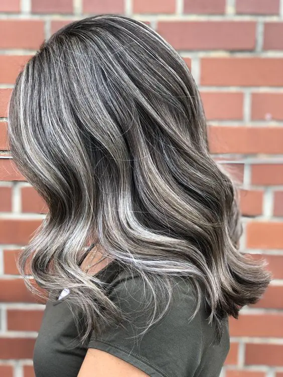 Medium length dark brown hair with silver and beige accents that make naturally grey hair look chic