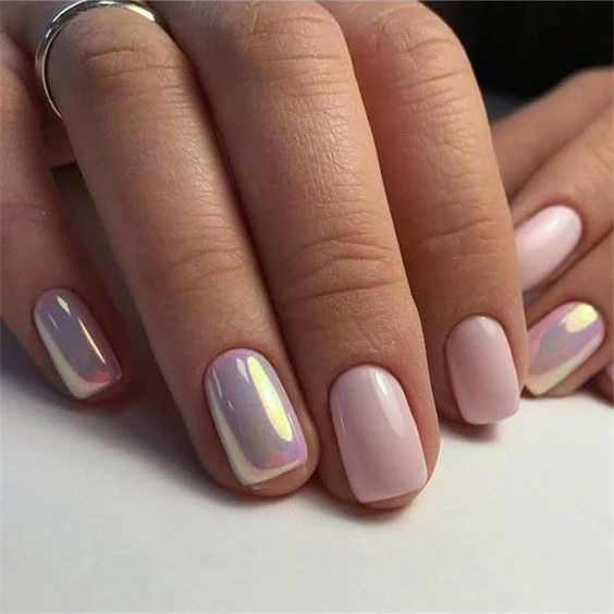 a short square manicure on blush and iridiscent is amazing for spring and summer, they look bright and cool