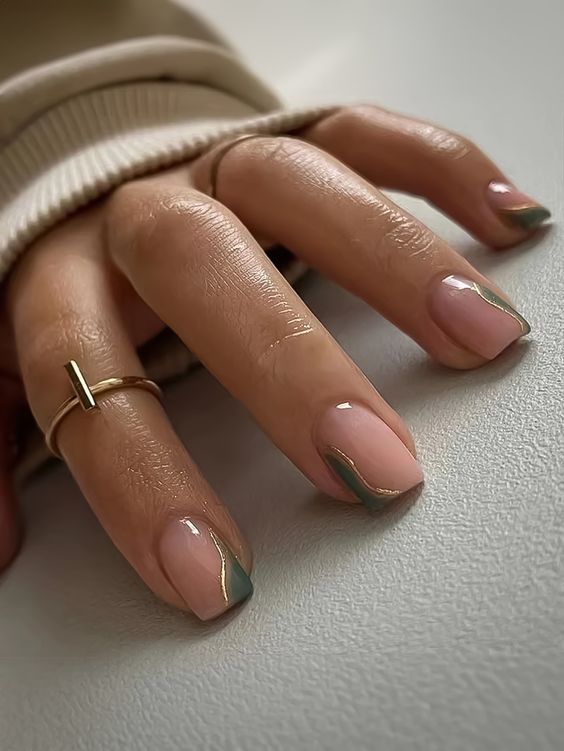 a cool nude and green square manicure with wavy patterns and gold touches are adorable and trendy