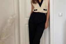 15 a lovely old money look with a sleeveless V-neck two-tone top, black mom pants, two tone shoes
