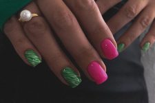 29 gorgeous hot pink and green patterned nails of square shape will feel tropical ones, great for a holiday