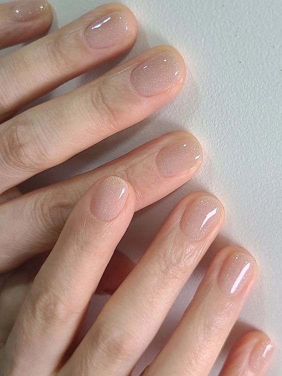glitter nude nails with a greyish tone are a cool alternative to usual nude, they lookchic and eye-catchy and sparkling