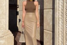 34 a beautiful and chic summer work look with a taupe sleeveless top, a tan midi skirt, nude shoes and a tan bag