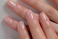 35 nude square nails with verythin white stripes are a cool idea for any modern look