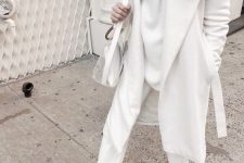 43 a white sweater, white pants, a coat, mules and a semi sheer bag for a lovely fall look