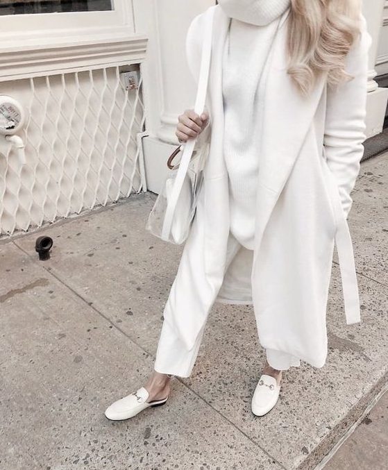 a white sweater, white pants, a coat, mules and a semi sheer bag for a lovely fall look