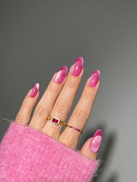 a jaw-dropping hot pink French manicure with a velvet effect comprises several trends in one