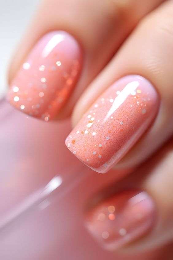 Peach Fuzz glitter nails with an ombre effect are great for spring and summer, they are a bright touch to the look