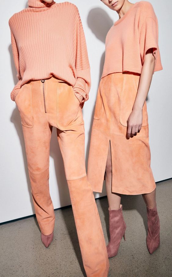 Peach Fuzz tops, orange pants and a midi skirt, mauve boots show how to pair this new trendy color with others