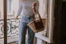 a Breton stripe top, blue jeans, nude flats, a straw bag are a lovely combo for a French chic spring or summer look