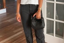 a basic look spruced up with bold Mary Jane red flats and a black woven bag is awesome