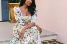 a beautiful and romantic white midi dress with bold floral prints, a square neckline, puff sleeves, gold shoes for summer