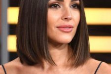 a beautiful and shiny brown liquid long bob with central parting is a lovely idea for a stylish and modern look