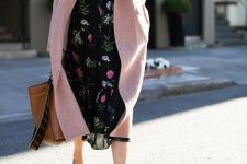a black floral midi dress with a high neckline, black shoes, a pink coat and a brown tote can be swapped to a small clutch