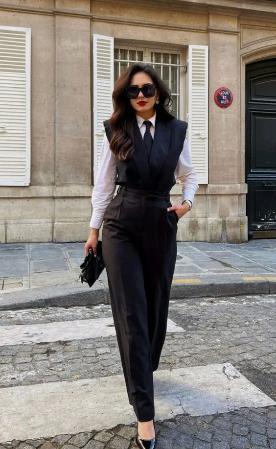 a black jumpsuit, a white shirt, a black tie, lacquered shoes and a small black bag are a cool quiet luxury work look