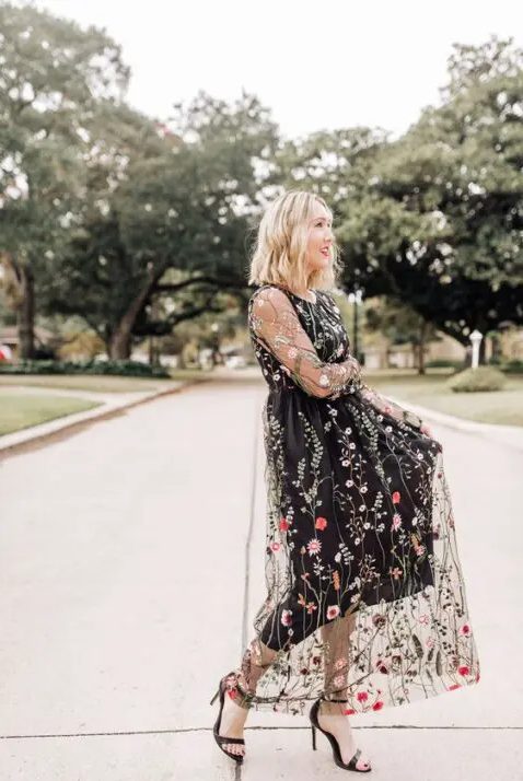 a black midi dress with colorful floral embroidery, black heels is an ultimate idea for a fall or winter wedding