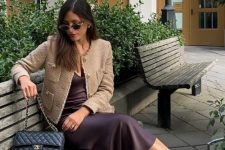 a chocolate brown lip midi dress, a beige cropped blazer, two-tone shoes and a black bag for an old money look
