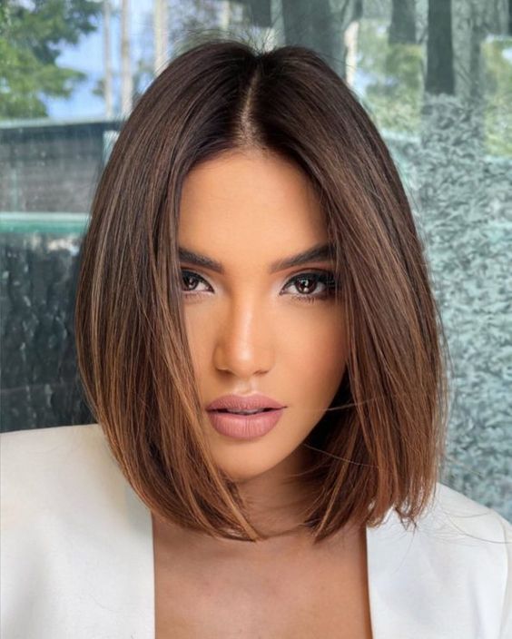 a classic deep brown blunt bob with chestnut touches, with volume, is a cool and chic idea to rock anytime