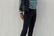 a classy every day look with a striped long sleeve top, grey skinnies, black Mary Jane shoes and a black tote