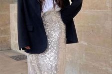 a classy party outfit with a white button down, a silver sequin maxi, bold blue shoes, an oversized black blazer