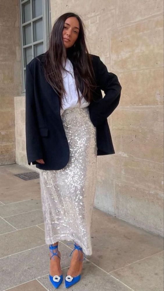 a classy party outfit with a white button down, a silver sequin maxi, bold blue shoes, an oversized black blazer
