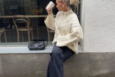 a comfy winter look with a neutral patterned sweater, grey jeans, burgundy Mary Jane shoes and a small bag