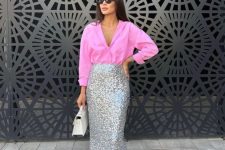 a cool party look with a pink button down, a silver sequin midi, hot pink shoes and a white bag