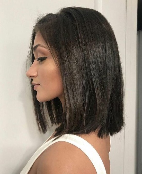 a dark brunette shoulder-length blunt bob is a stylish idea to rock, and such a shiny finish is perfect