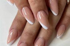 a fresh take on French manicure, dusty pink almond nails with white touches is a gorgeous solution for a wedding
