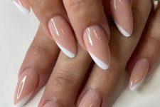 a fresh take on French manicure, dusty pink almond nails with white touches is a gorgeous solution for many occasions