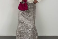 a glam pre-wedding party outfit with a neutral top, a silver sequin maxi, hot pink shoes and a small bag