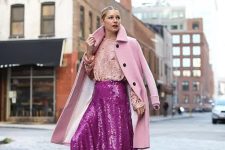 a hot pink sequin A-line midi asymmetric skirt is a bold and very glam idea to try