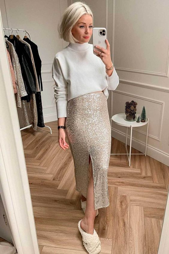a lovely bridal shower look with a white jumper, a gold sequin midi skirt, add shoes and go