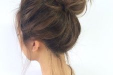 a messy top knot with a bump on top and down will help you keep your hair up and feel comfortable