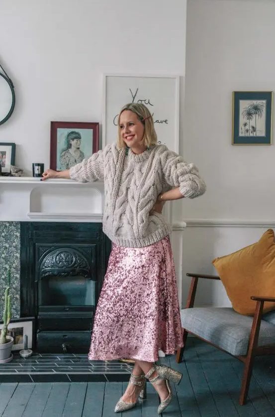 A pink sequin A line midi skirt is a bright, fun and bold idea to wear to any party, wedding or not