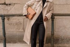 a refined winter to spring look with a black turtleneck, jeans and Mary Jane shoes, a tan trench and a beige bag
